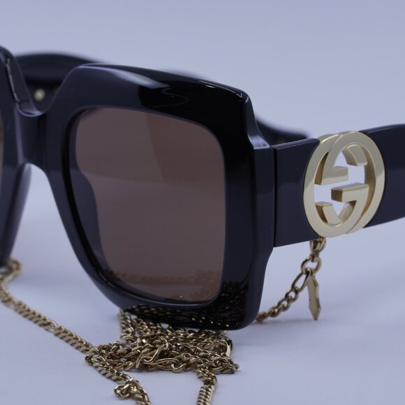 Gucci GG1022S 005 Sunglasses Black Square Frame, Brown with Gold Chain Lenses - Picture 5 of 11